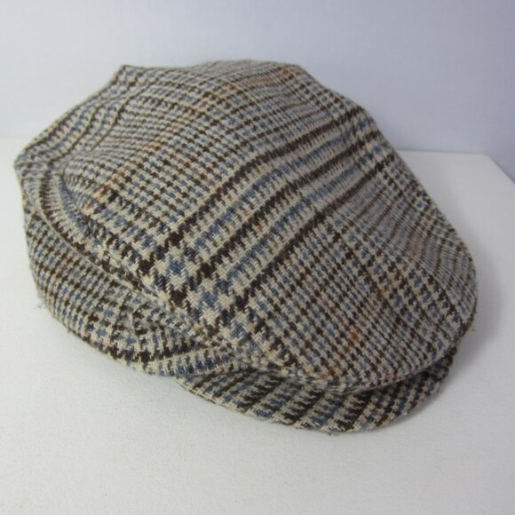 Vtg Adult M Ivory Blue Brown Wool Plaid Houndstooth Cap Newsboy Hat Lined 22" - Picture 1 of 7